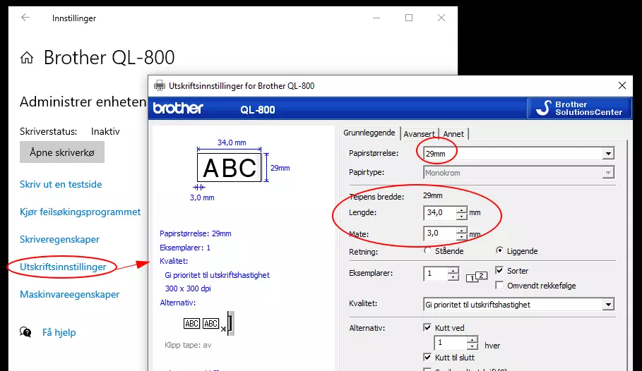 innstillinger for QL-skriver